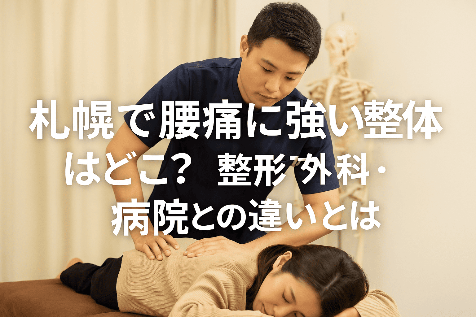 札幌で腰痛に悩む女性が整体院と病院の違いを比較している様子を表した実写風画像

