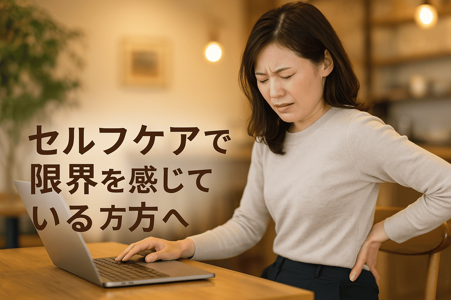 セルフケアで改善しない腰痛に悩む女性が、整体を検討している様子を表した実写風の横長画像

