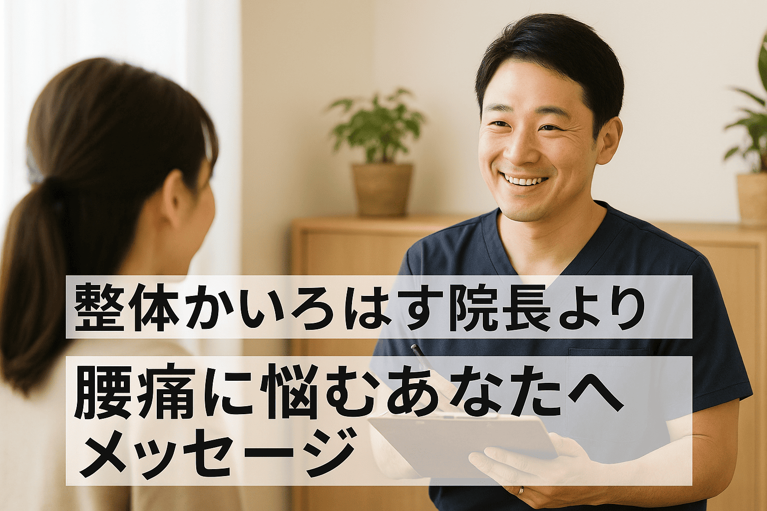 札幌市厚別区の整体『かいろはす整体院』院長が腰痛に悩む女性へ語りかける実写風の横長画像


