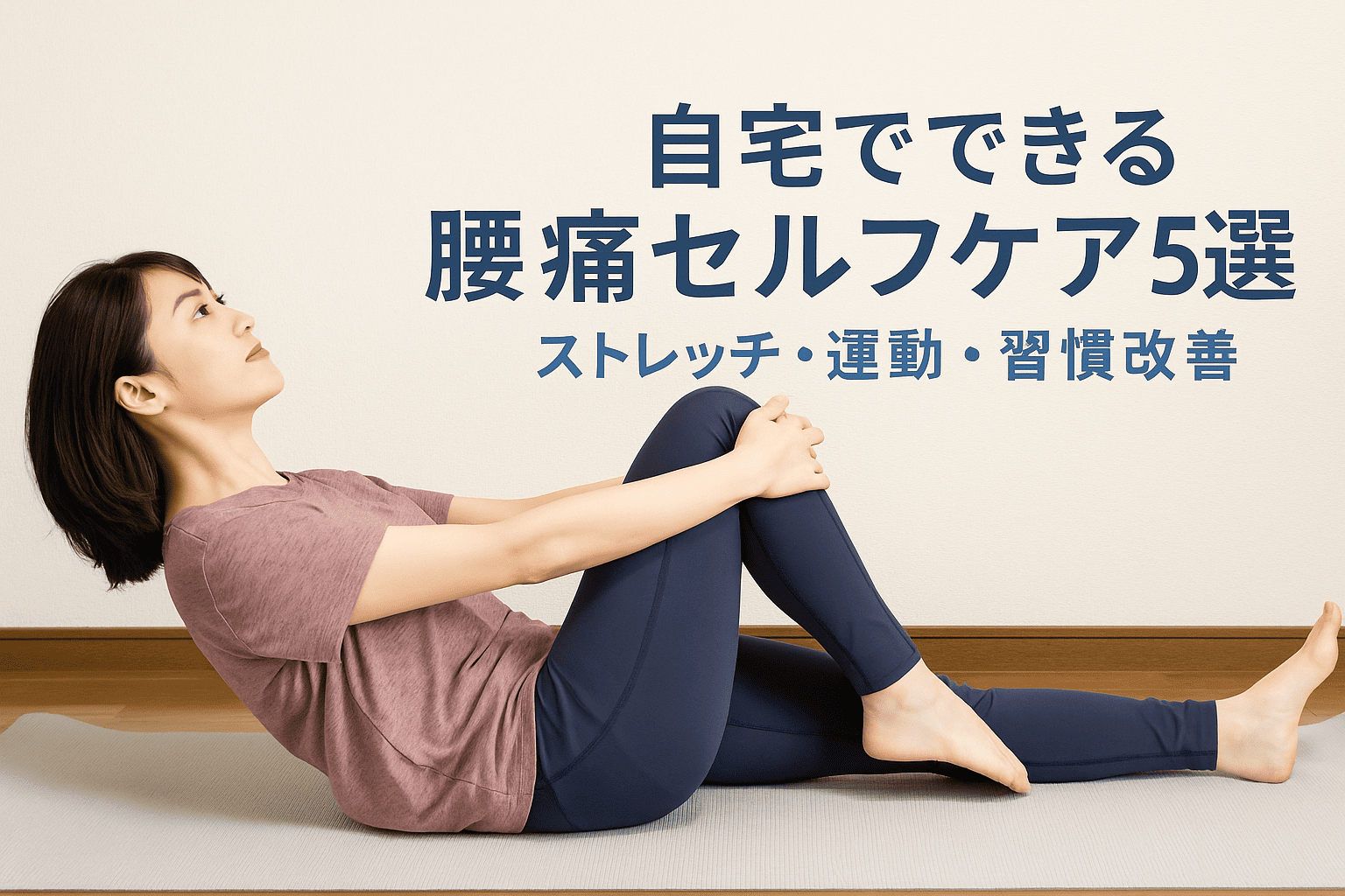腰痛予防のために正しい姿勢や生活習慣を意識している女性を描いた実写風の横長画像

