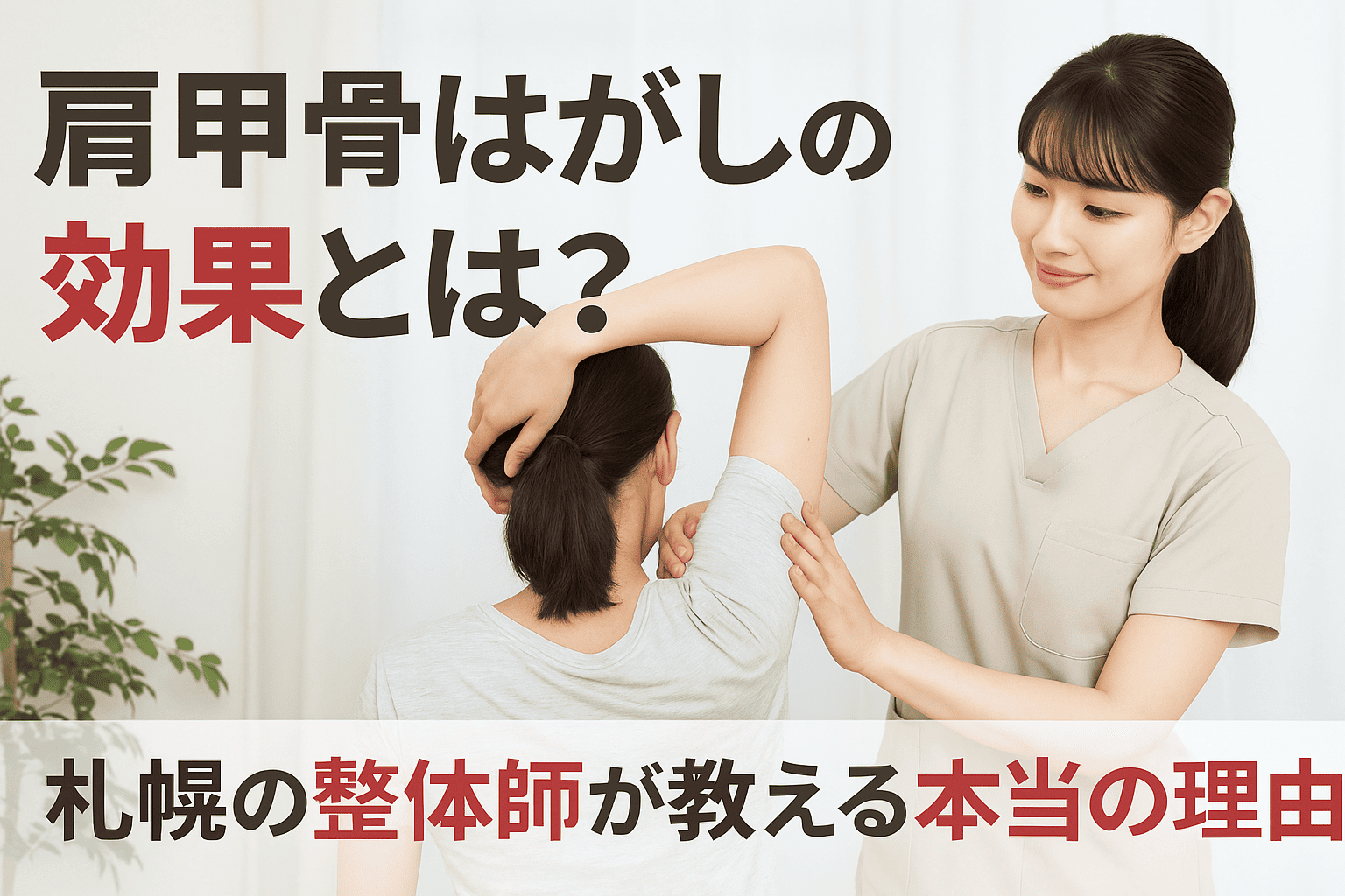 「肩甲骨はがしの効果を整体師が丁寧に説明している札幌の整体施術風景」

