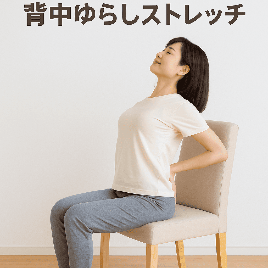 椅子に座って背中を前後に揺らして肩甲骨をゆるめる女性の様子
