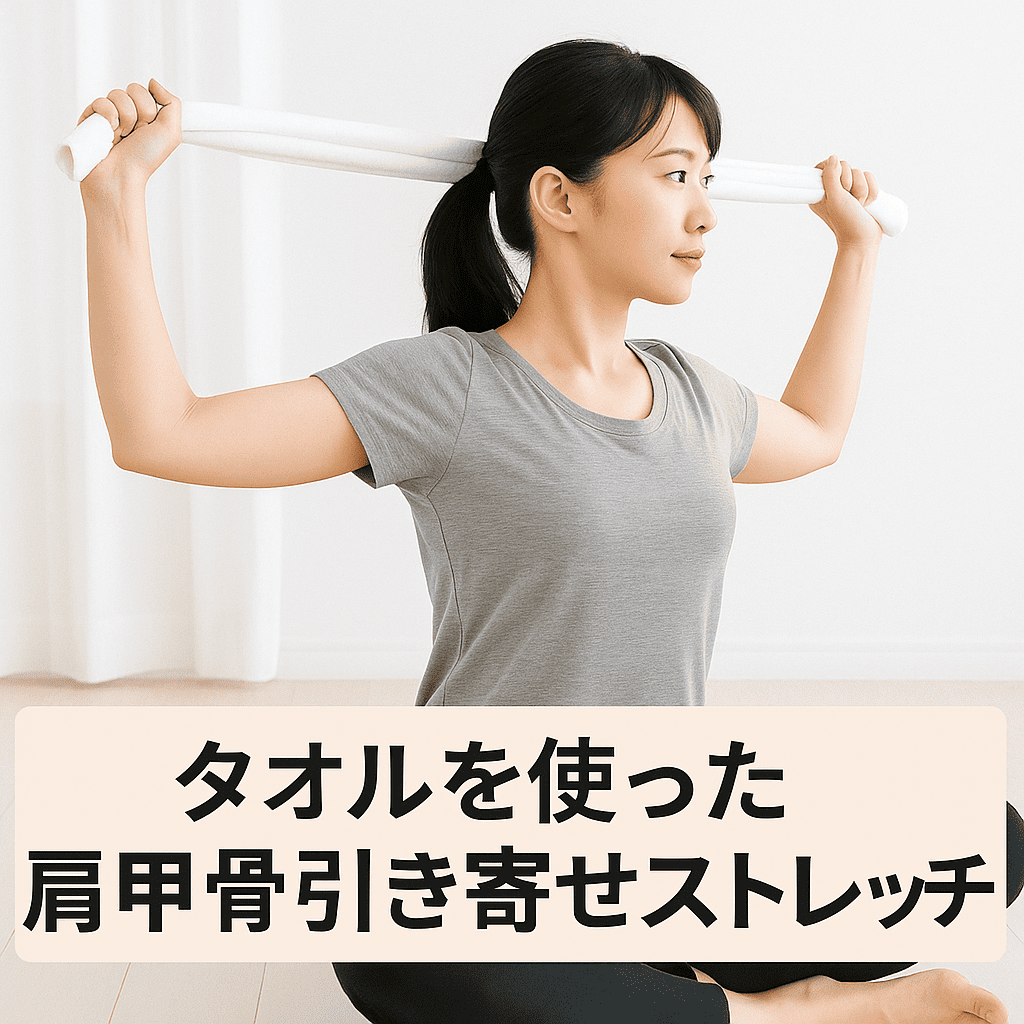 タオルを両手で持って肩甲骨をしっかり引き寄せている女性