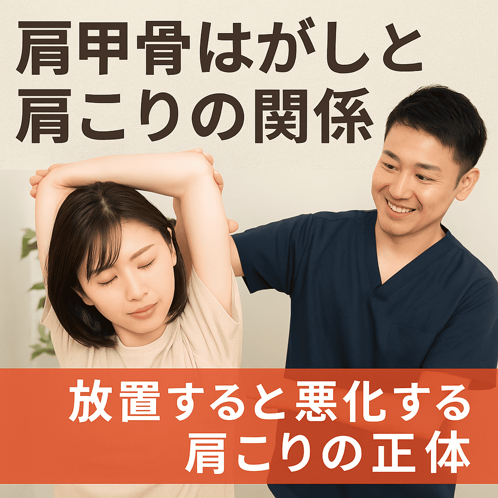 「肩こりに悩む女性と肩甲骨はがしの関係を解説する札幌の整体師」

