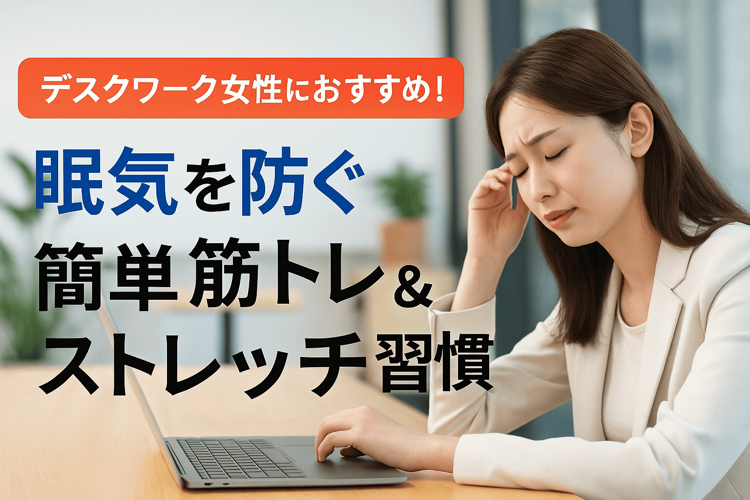 デスクワーク中に眠気がひどい女性のための筋トレ・ストレッチ習慣を紹介する整体師監修の健康記事アイキャッチ画像