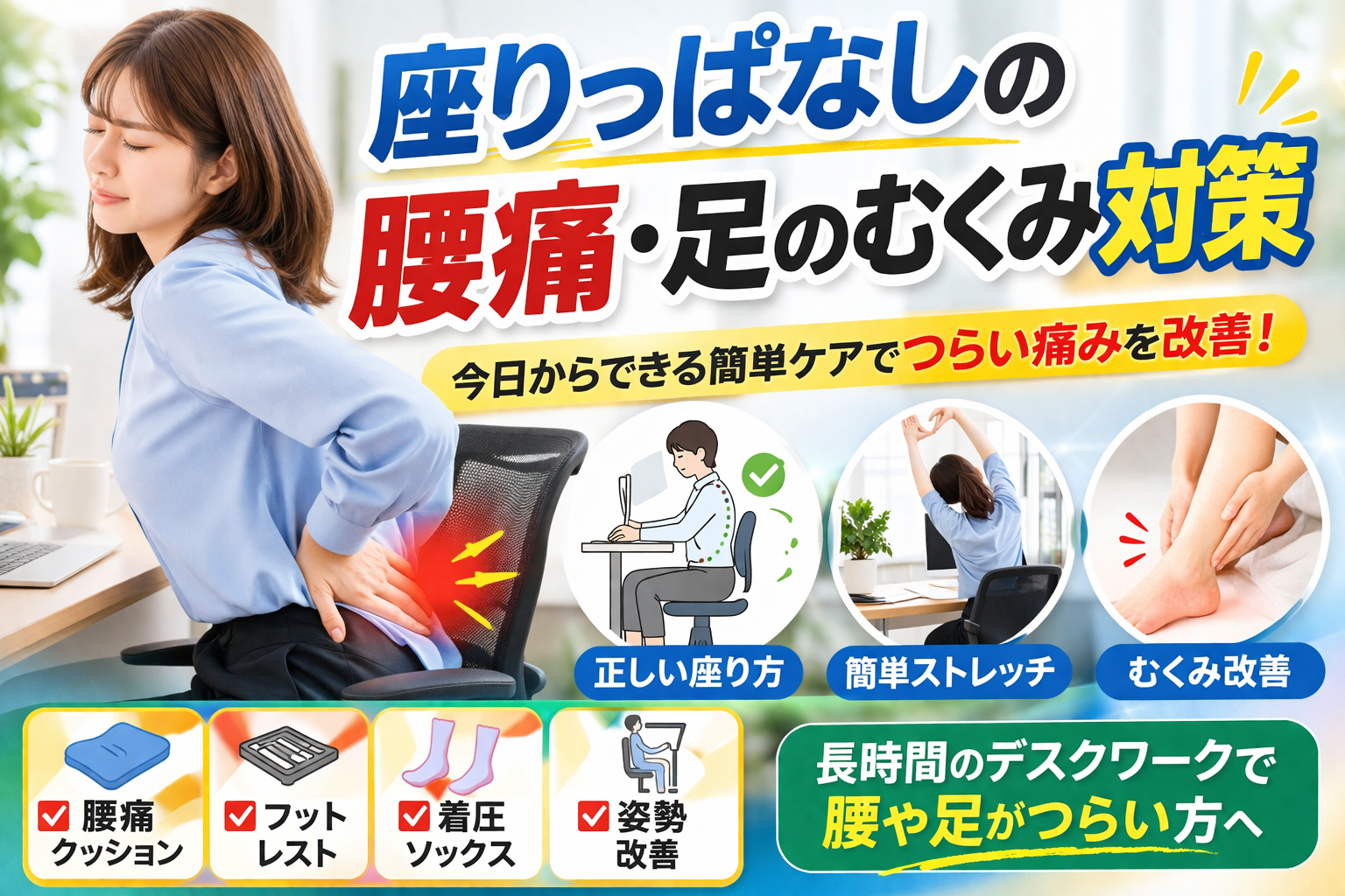 座りっぱなしによる腰痛や足のむくみの原因とストレッチ対策を解説するイメージ