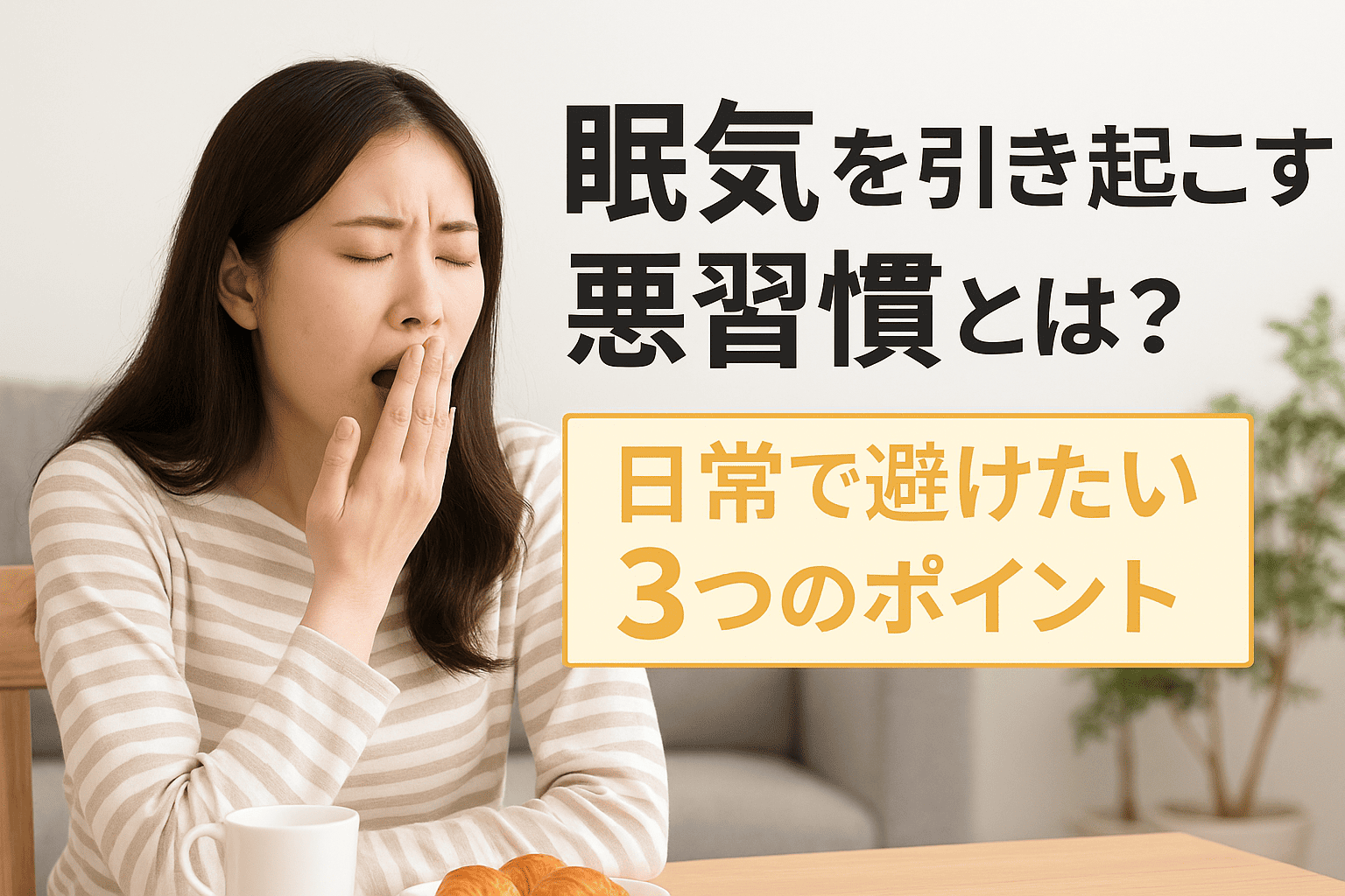 日常生活で眠気を引き起こす悪習慣と、その改善ポイントを解説する実写風の健康・生活改善系の見出し画像

