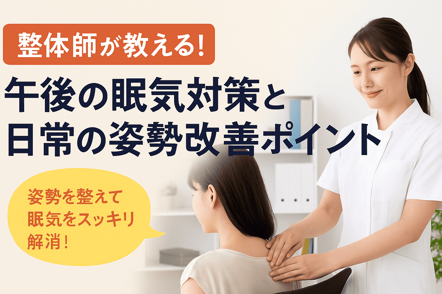 午後の眠気を防ぐための姿勢改善ポイントや習慣を整体師が紹介する実写風見出し画像

