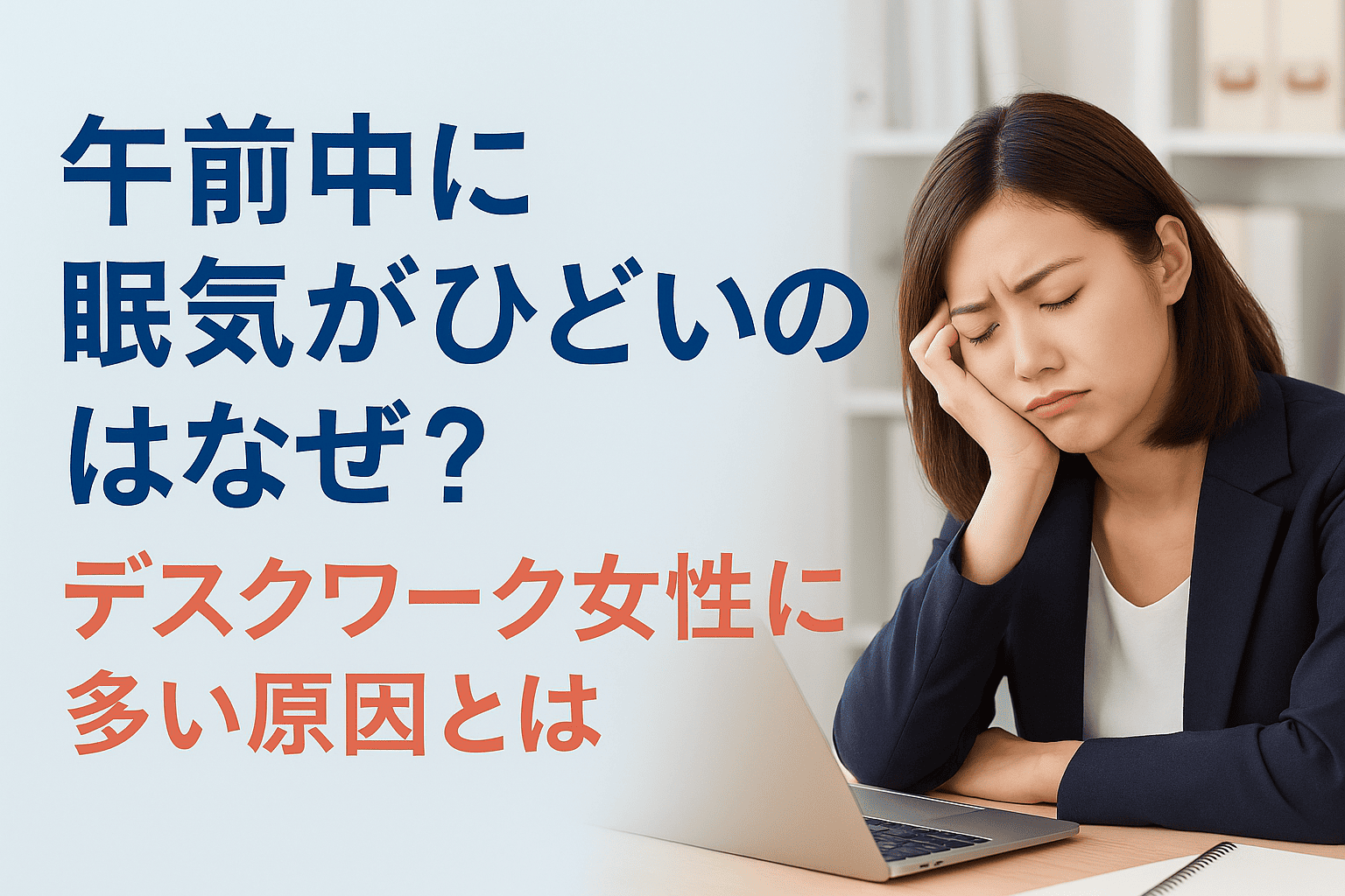 デスクワーク女性が午前中に強い眠気を感じる原因と、自律神経・姿勢・呼吸の関係を伝える実写風画像

