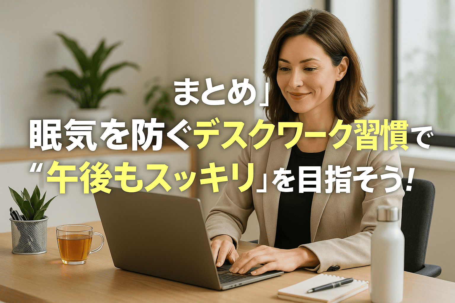午後の眠気を防ぎたいデスクワーク女性向けに、習慣改善・ストレッチ・姿勢のポイントをまとめた実写風見出し画像

