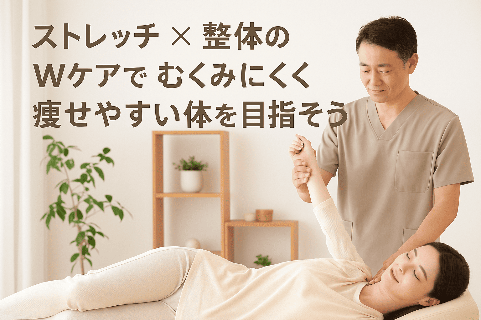 ストレッチと整体を組み合わせたWケアでむくみにくく痩せやすい体を目指す女性向けの横長実写バナー画像