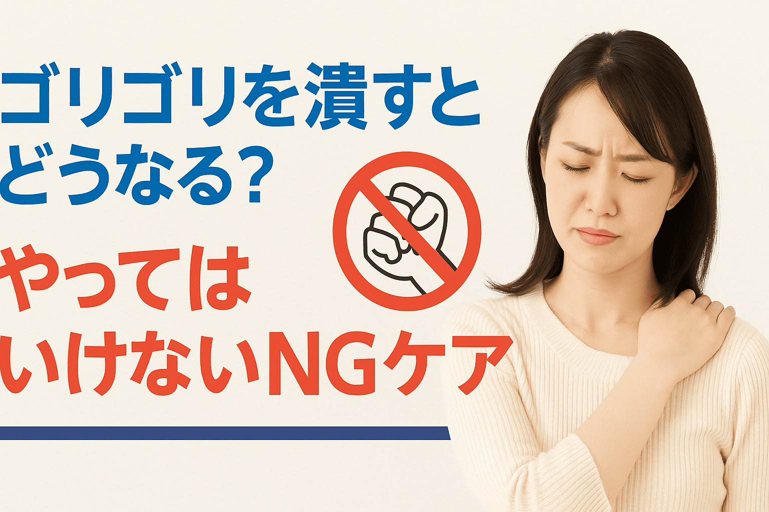 肩のゴリゴリを無理に潰すリスクと、NGケアを避けるための警告を伝える日本語実写風バナー画像。注意マーク付き。