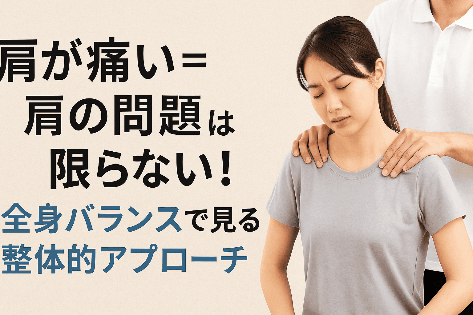 肩の痛みの原因が姿勢や骨盤のゆがみにあることを整体師が説明するイメージ画像