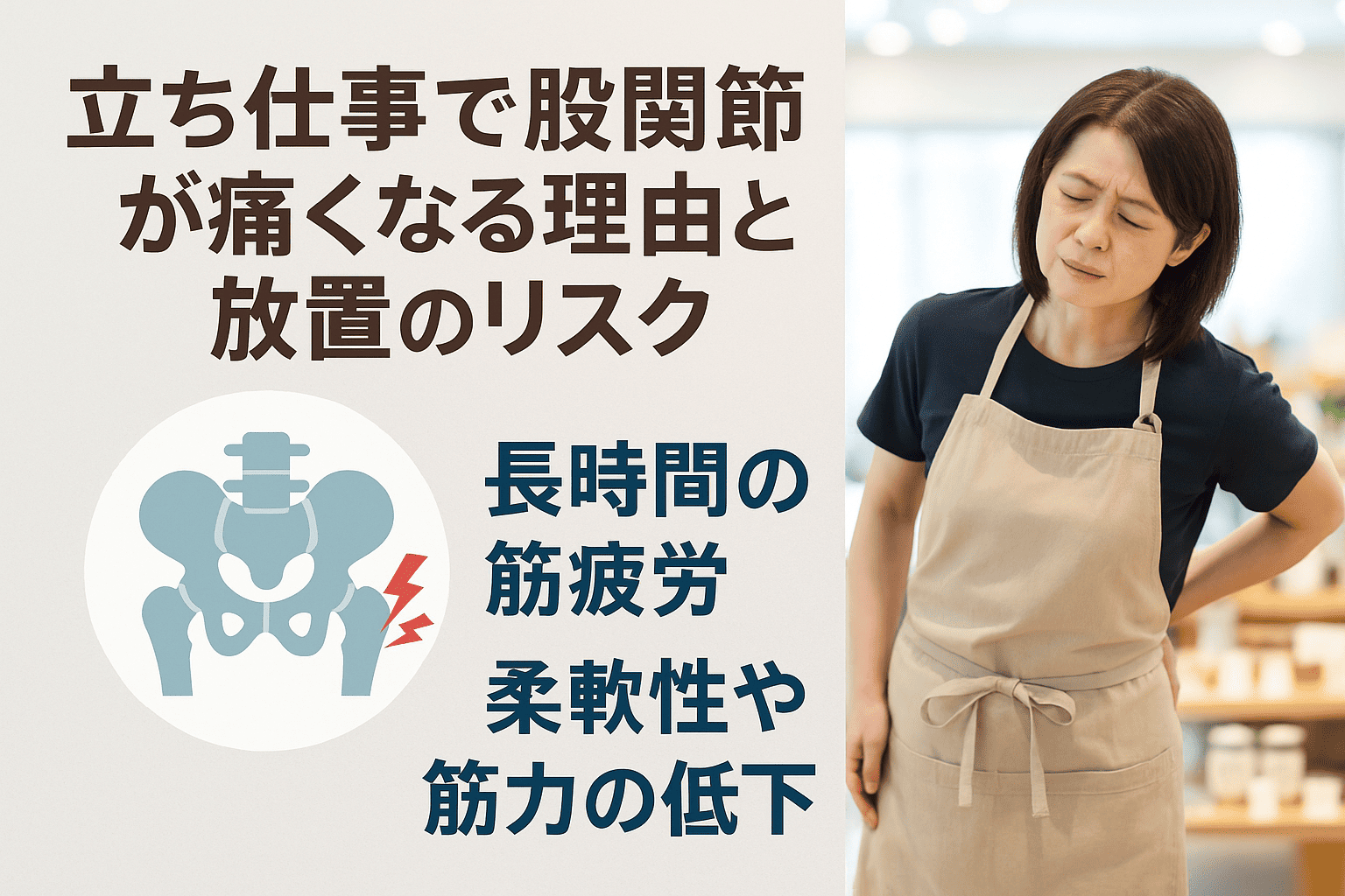 立ち仕事をしている女性が腰に手をあてて痛みを訴える様子と、骨盤のイラストで痛みの原因を示す教育的な画像