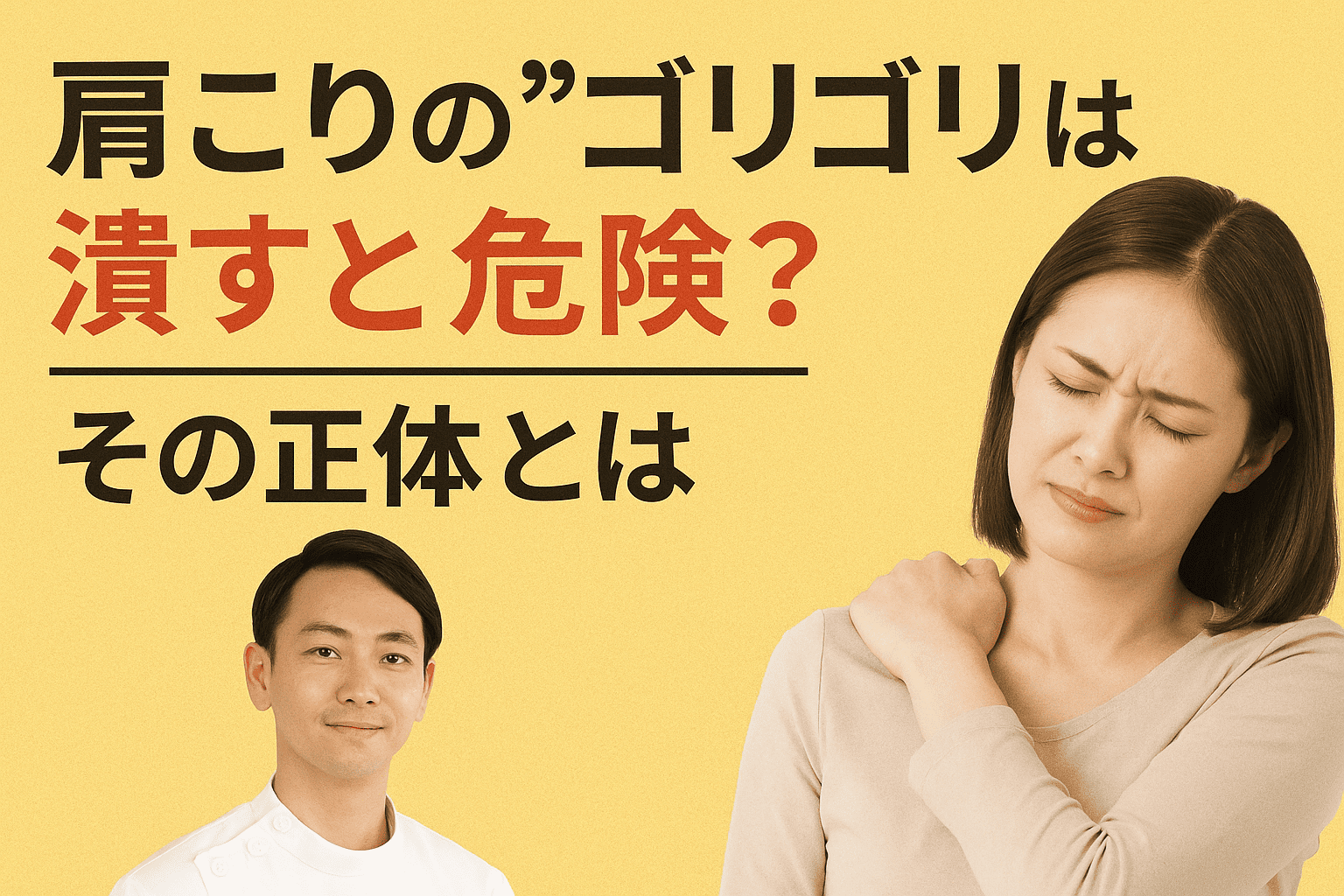 肩こりでゴリゴリとした違和感を抱える女性と整体師が登場し、「潰すと危険？」の警告と共に正体を問いかける実写風見出し画像。