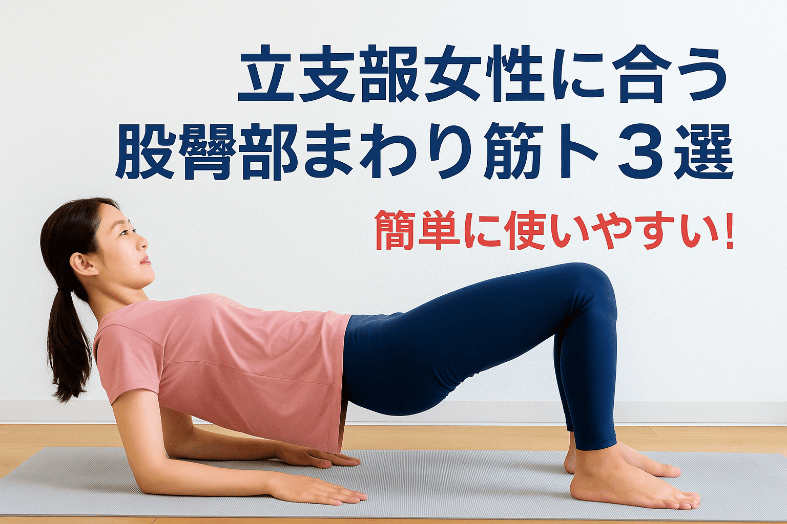 床に横たわった女性がお尻を持ち上げるヒップリフト（グルートブリッジ）を実践している様子を写した横長の実写風