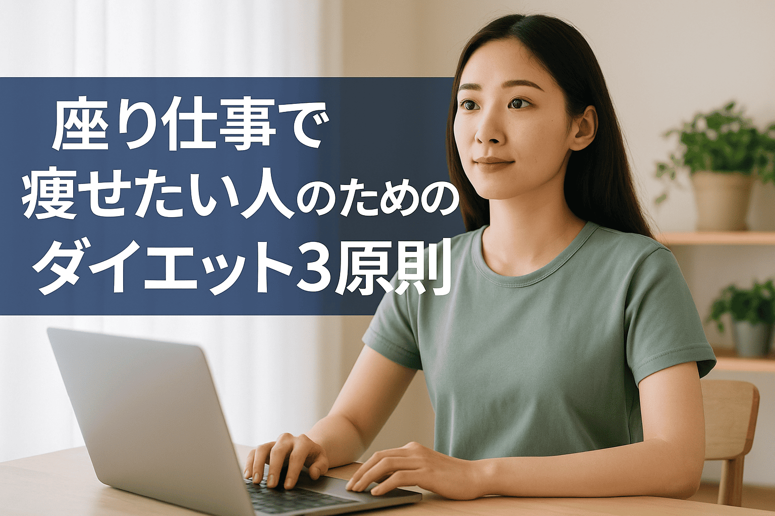 座り仕事によるむくみや下腹太りを改善したい女性のためのダイエット3原則を伝える横長の実写画像