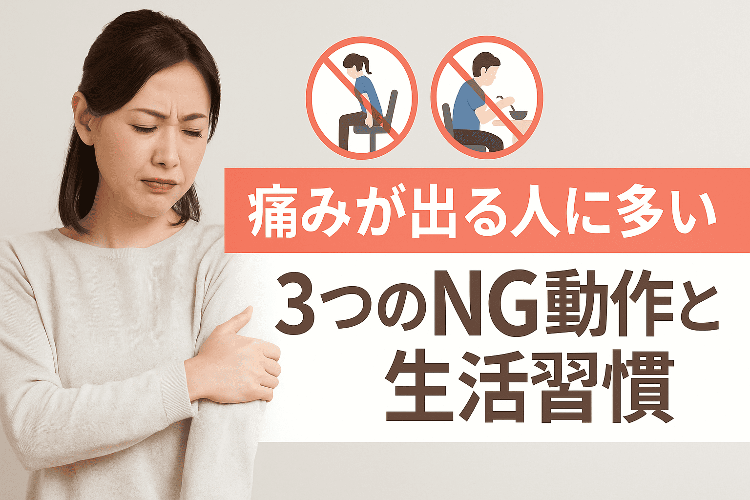 腕が上がらない原因となるNG姿勢や生活習慣について警告する整体師の視点による実写画像