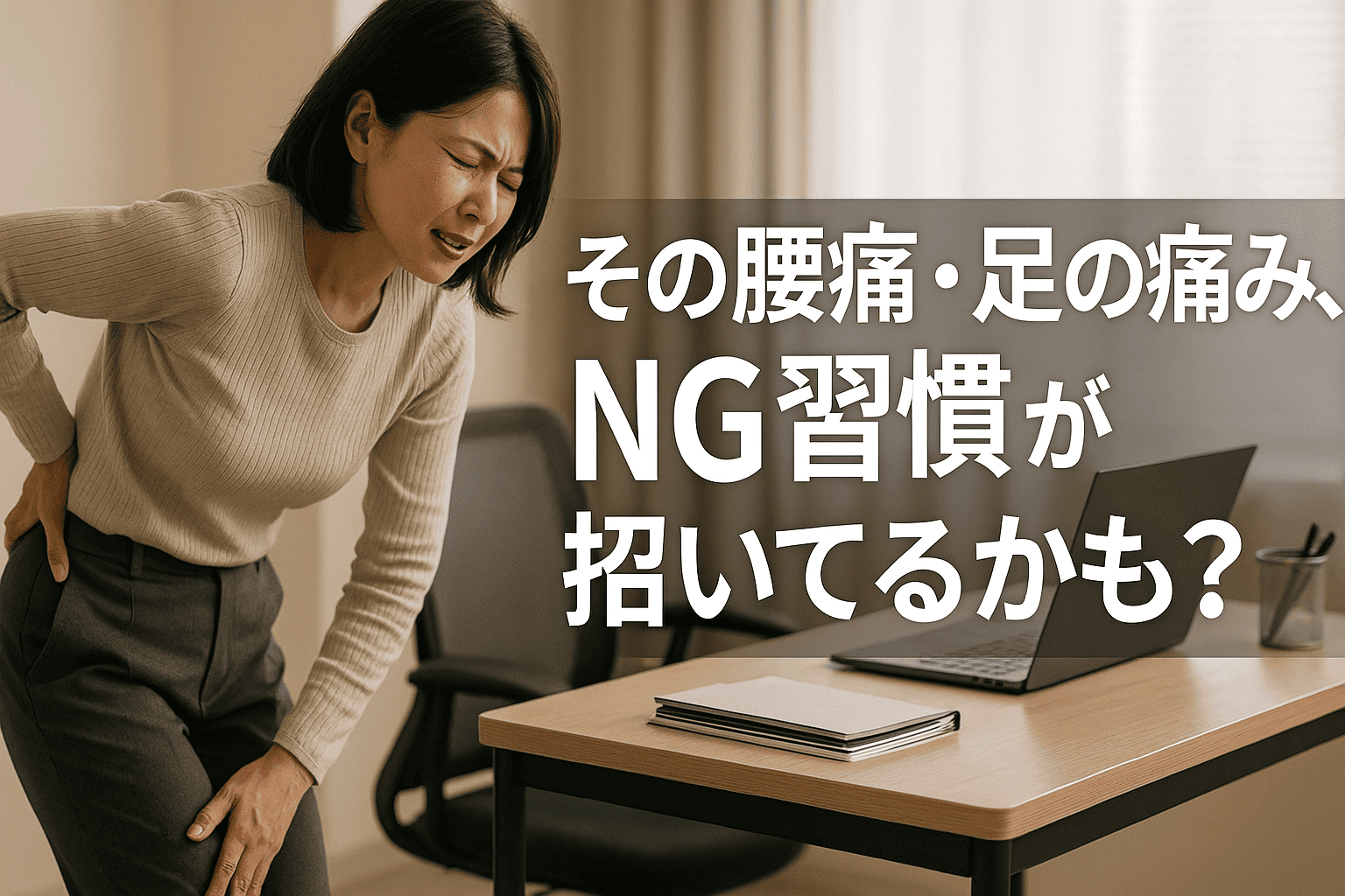腰痛・足の痛みに悩む立ち仕事の女性に向けた、NGな生活習慣や姿勢を注意喚起する実写バナー画像（整体師監修）