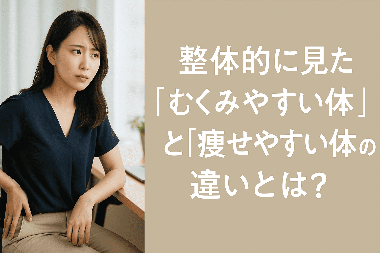 整体の視点から見る「むくみやすい体」と「痩せやすい体」の違いを解説する横長の実写バナー画像|女性の体質改善をサポート