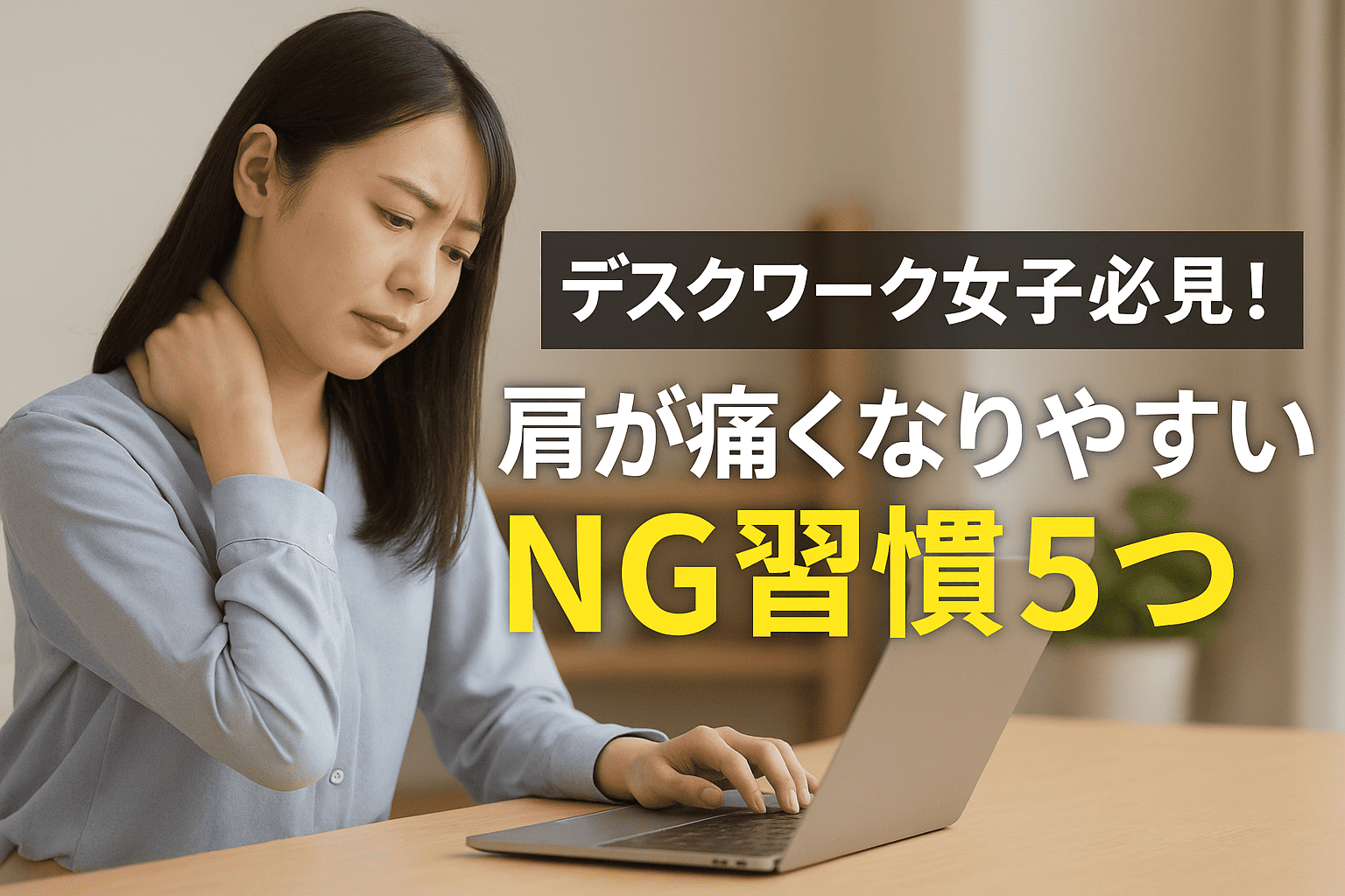 肩こりや肩の痛みに悩むデスクワーク中の女性の実写風イメージ画像