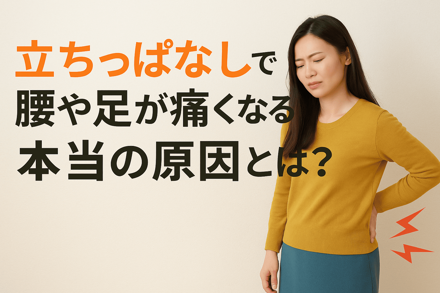 立ちっぱなしで腰痛や足の痛みに悩む30〜40代女性に向けて、姿勢・筋肉・血流の関係から原因を解説する実写風の健康情報バナー
