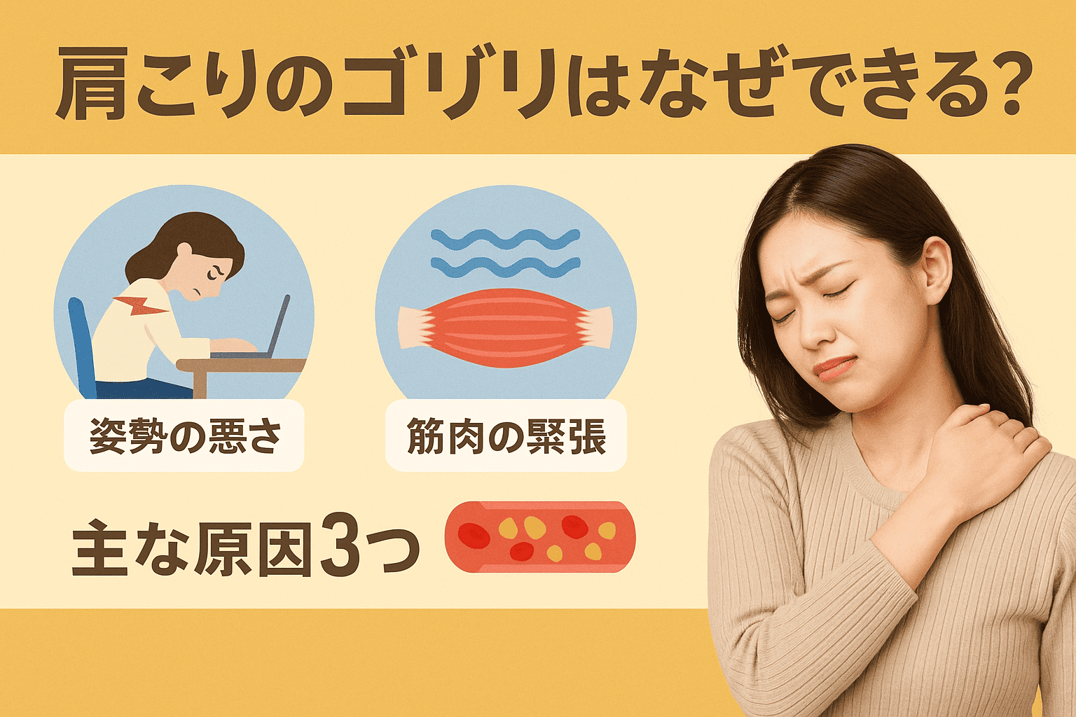 肩こりのゴリゴリが起きる原因を解説する日本語テキストと、首肩まわりに不調を抱える女性の実写風イメージ画像。