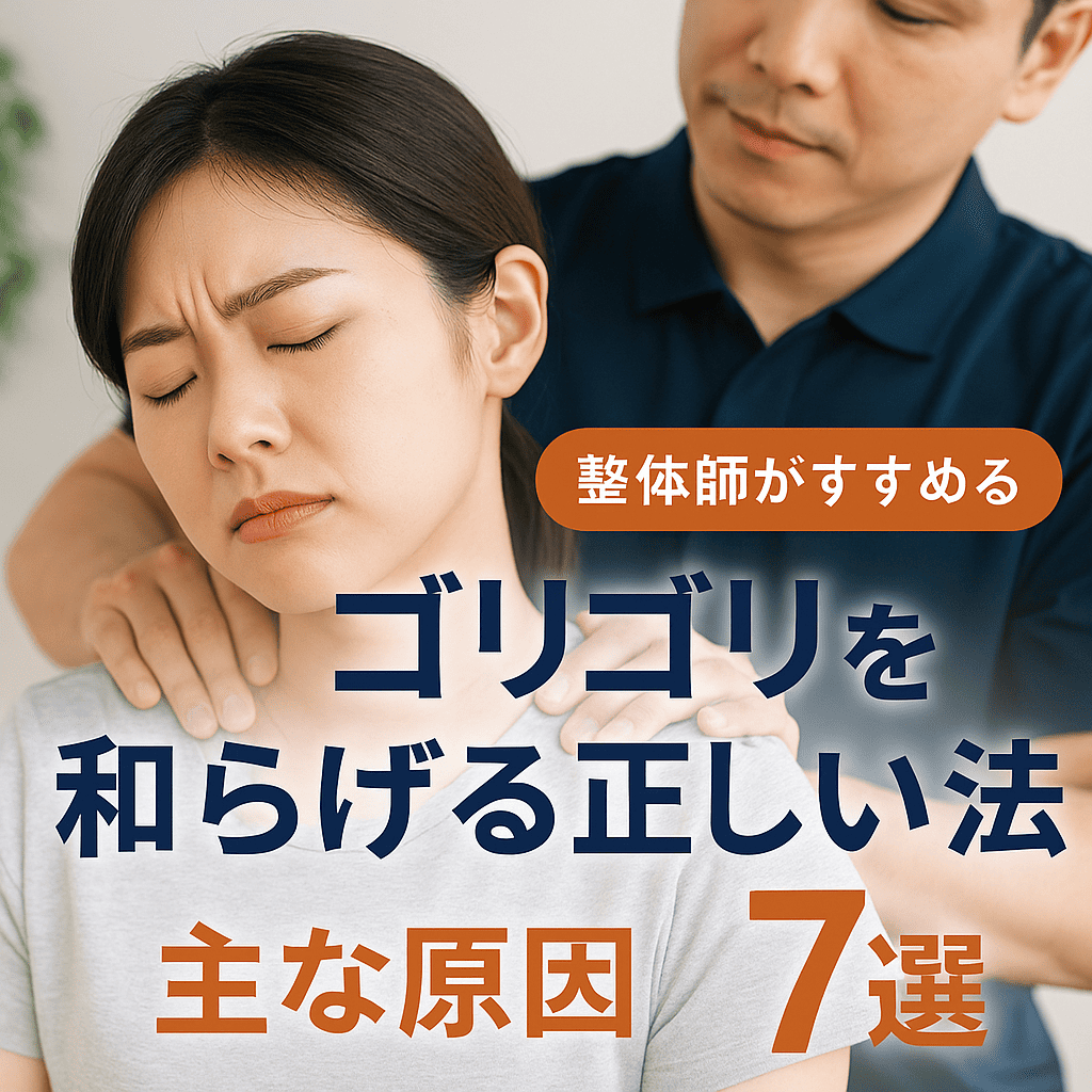 肩こりによるゴリゴリをやわらげるための正しいケア方法を、整体師が紹介している実写風横長見出し画像。

