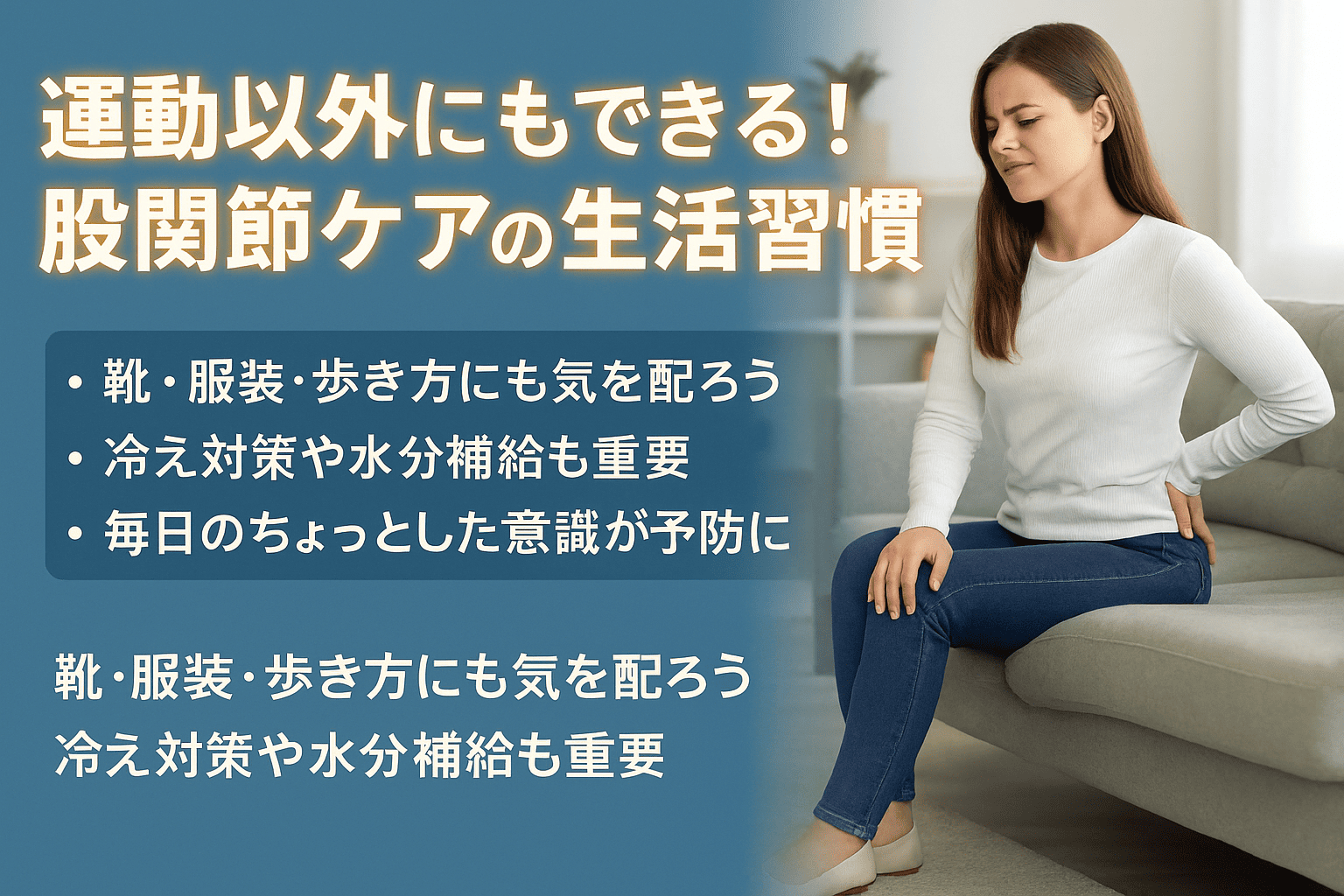 椅子に座った女性が姿勢を整えながら水を飲む様子。日常生活の中でできる股関節ケアを実写風で表現した横長画像

