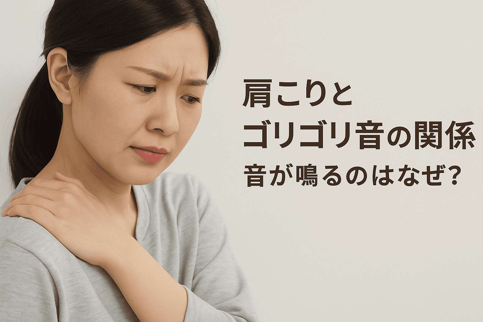 肩まわりを動かしたときに「ゴリゴリ」「ポキポキ」と音が鳴る仕組みを、整体師が解説する実写風の横長見出し画像。

