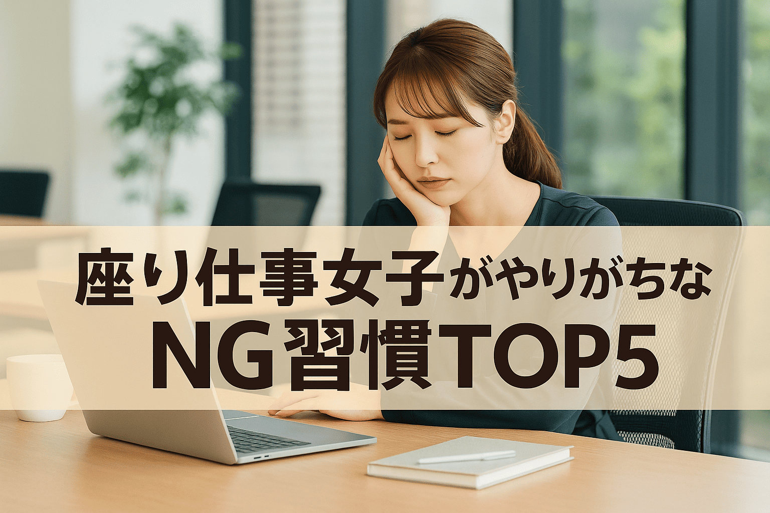 座り仕事の女性がやりがちなNG習慣を5つ紹介した実写バナー画像|むくみや太りやすさの原因に気づくきっかけに
