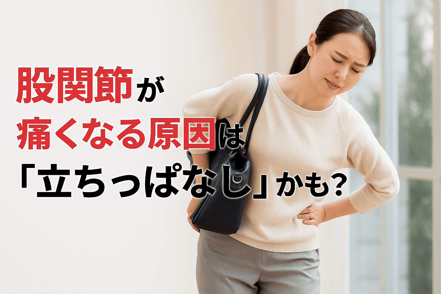 立ちっぱなしで股関節が痛くなり、左手で腰をおさえる女性。長時間の姿勢維持による負担を表現。