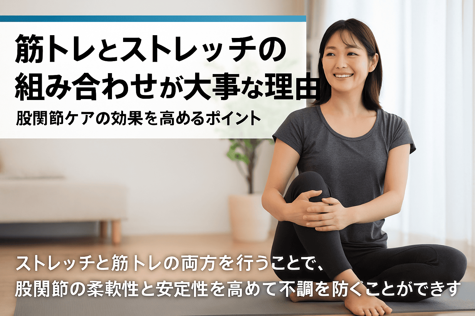 実写風の女性がヨガマットの上でストレッチを行い、バランスよく筋トレも取り入れている様子を描いた横長画像