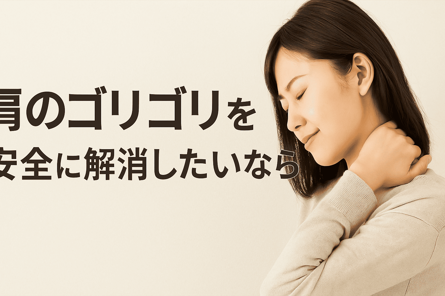 肩のゴリゴリをセルフケアや整体で安全に解消する方法を伝える、穏やかな雰囲気の実写風横長見出し画像。施術シーンあり。

