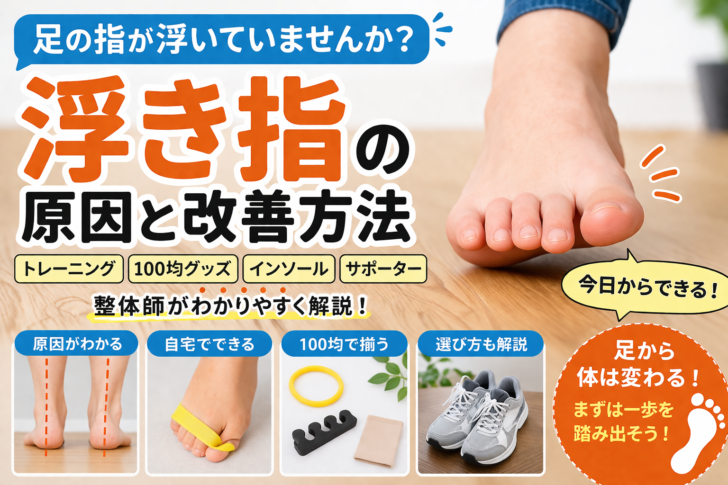 浮き指改善グッズの100均アイテムや足指トレーニングを紹介するイメージ画像