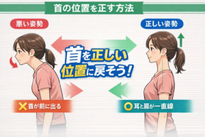 首を正しい位置に戻す方法を解説した姿勢比較イラスト｜悪い姿勢と正しい姿勢の違い
