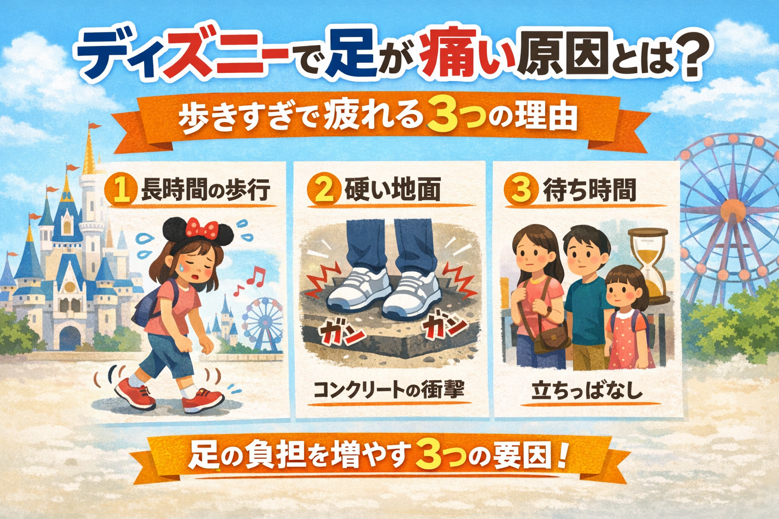 ディズニーで足が痛い原因と歩きすぎで疲れる3つの理由を解説するイメージ