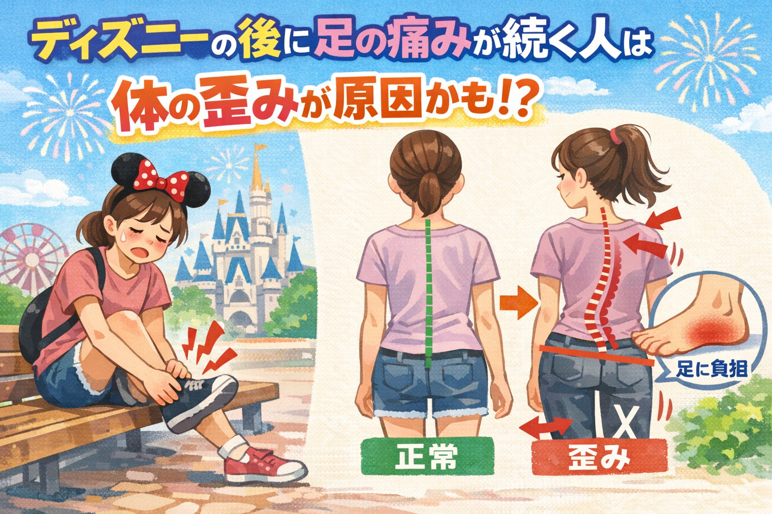 ディズニーの後に足の痛みが続く原因は体の歪みの可能性を解説するイメージ