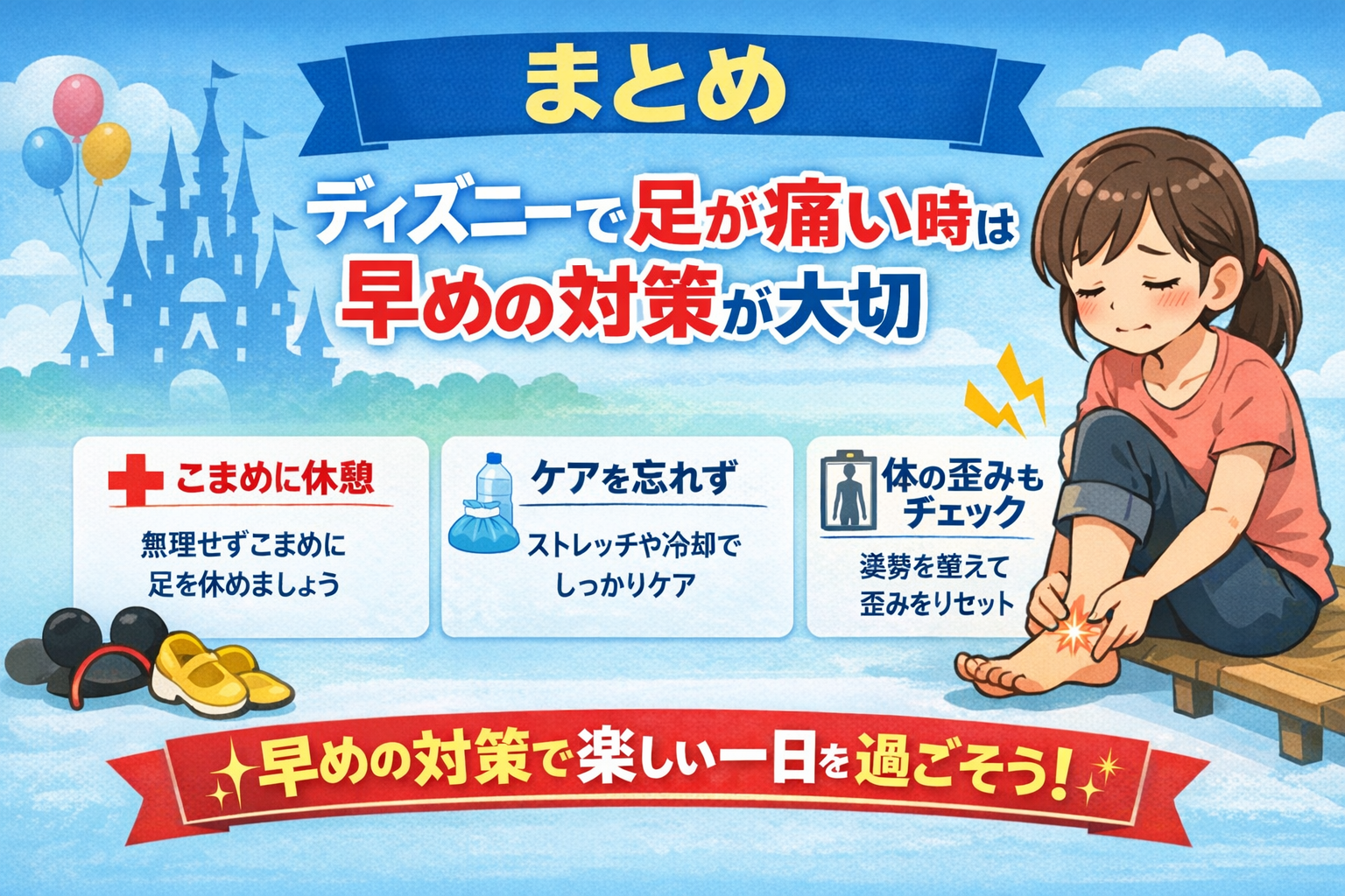 ディズニーで足が痛い時は早めの対策が大切というまとめイメージ