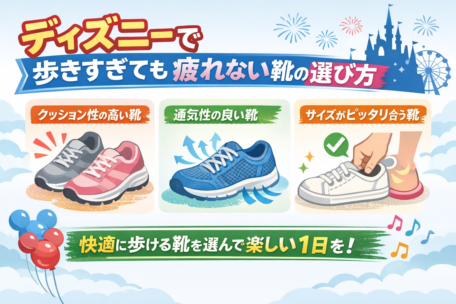 ディズニーで歩きすぎても疲れない靴の選び方を解説するイメージ