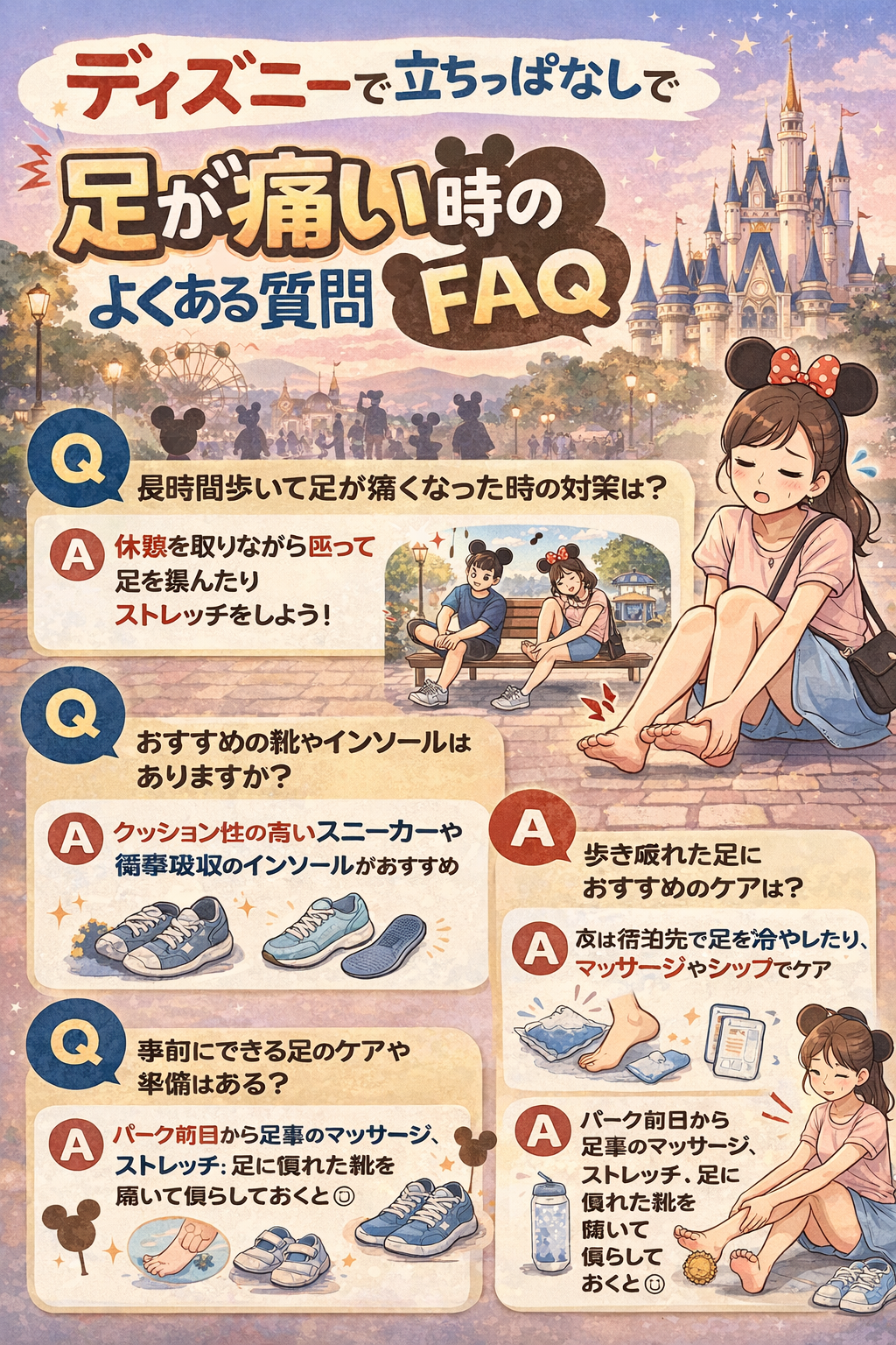 ディズニーで立ちっぱなしや歩きすぎで足が痛い時の対処法を解説したFAQイラスト