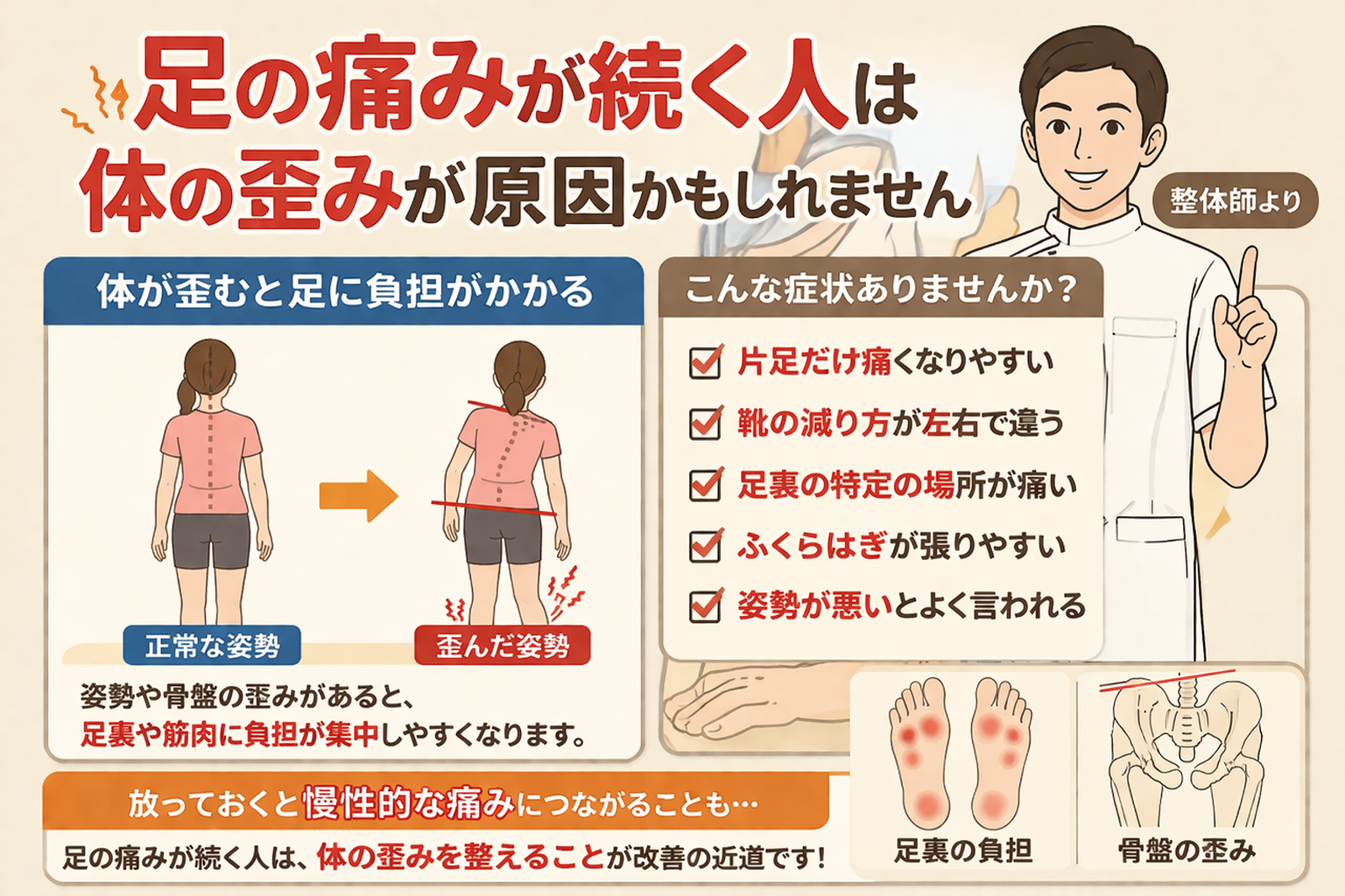 足の痛みが続く原因として体の歪みや姿勢バランスの崩れを解説する整体イラスト