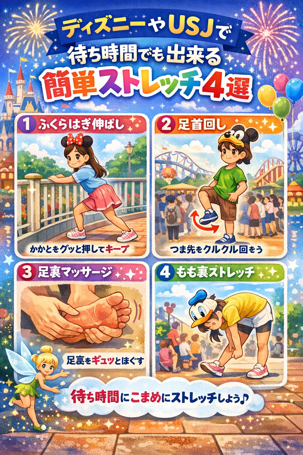ディズニーやUSJの待ち時間でも出来る足のストレッチ4選
