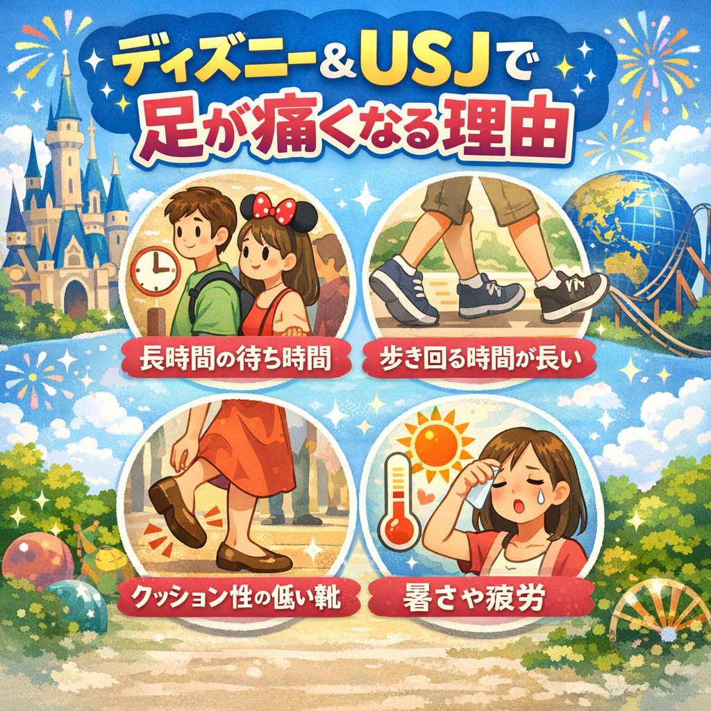 ディズニーやUSJで歩きすぎて足が痛くなる理由を解説したイラスト