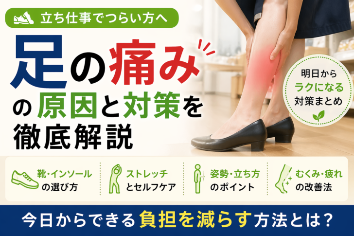 立ち仕事でふくらはぎや足の痛みに悩む女性と原因や対策を解説するイメージ画像