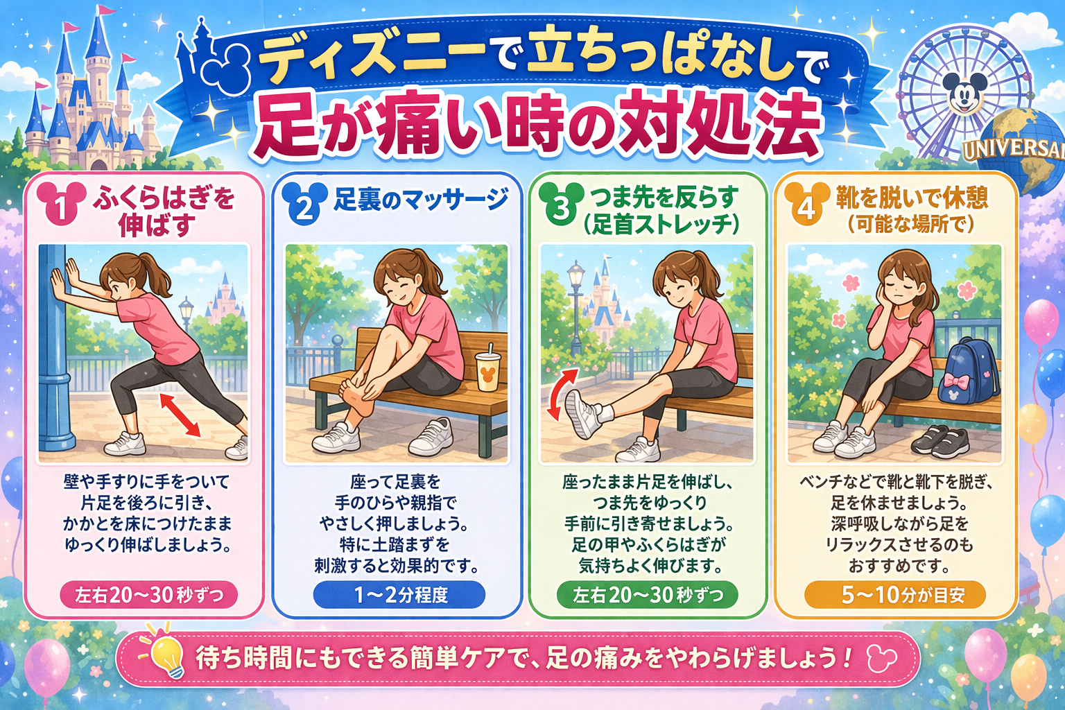 ディズニーやUSJで立ちっぱなしで足が痛い時の対処法とストレッチ方法