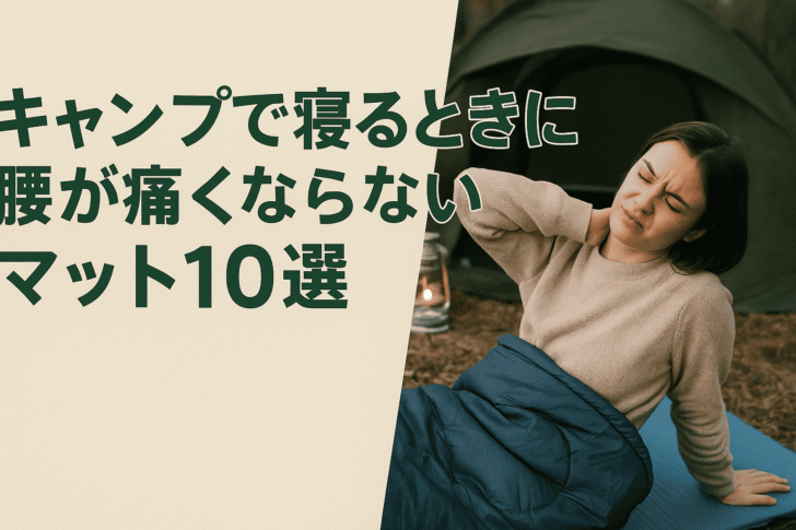キャンプ中に腰の痛みで目覚める女性とテント風景。「キャンプで寝るときに腰が痛くならないマット10選」と書かれたテキスト入りの横長バナー画像