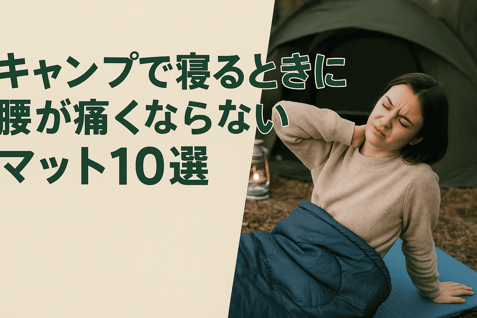 キャンプ中に腰の痛みで目覚める女性とテント風景。「キャンプで寝るときに腰が痛くならないマット10選」と書かれたテキスト入りの横長バナー画像