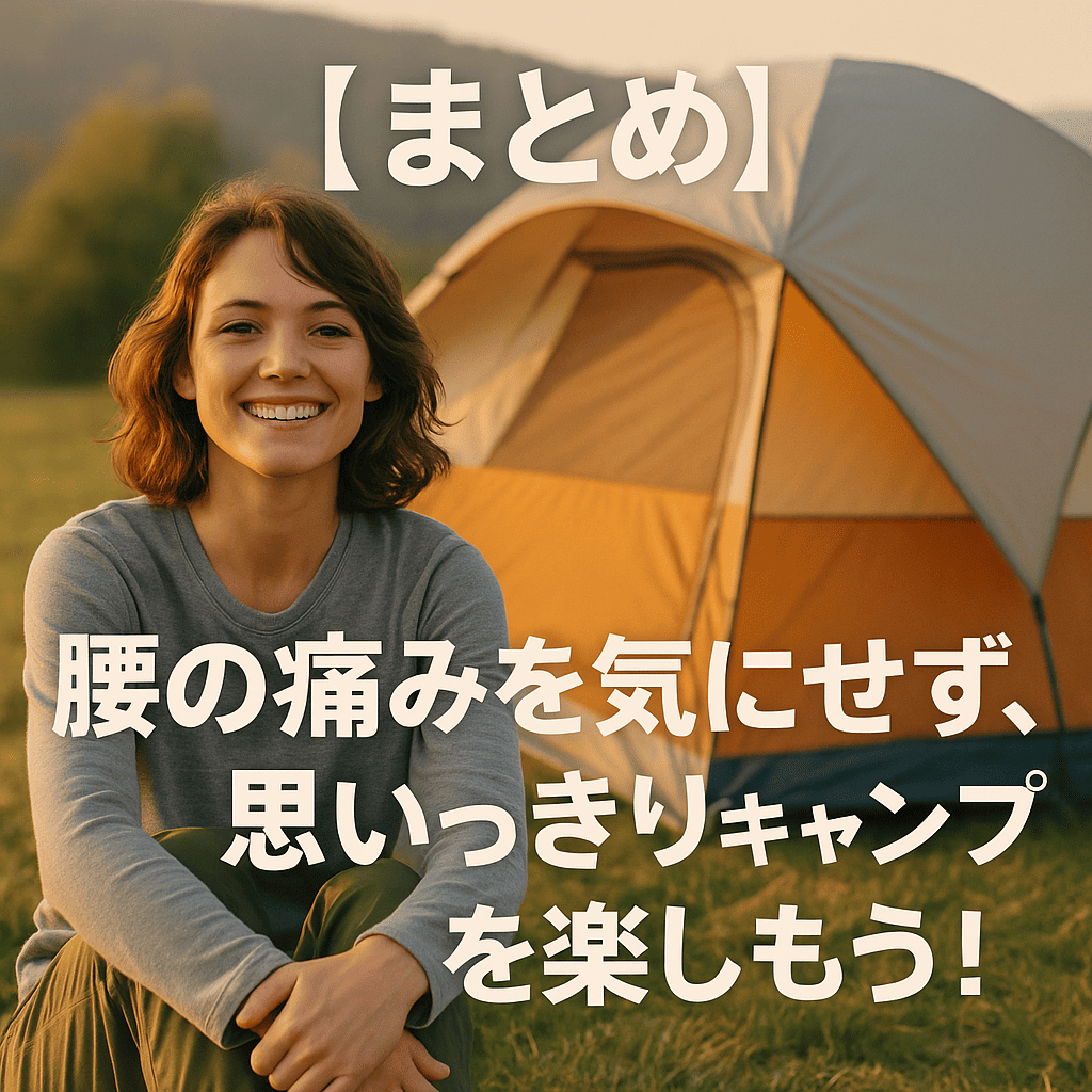 笑顔の女性がテント前でくつろぐ姿と「腰の痛みを気にせず、思いっきりキャンプを楽しもう!」のテキストが入った見出し画像
