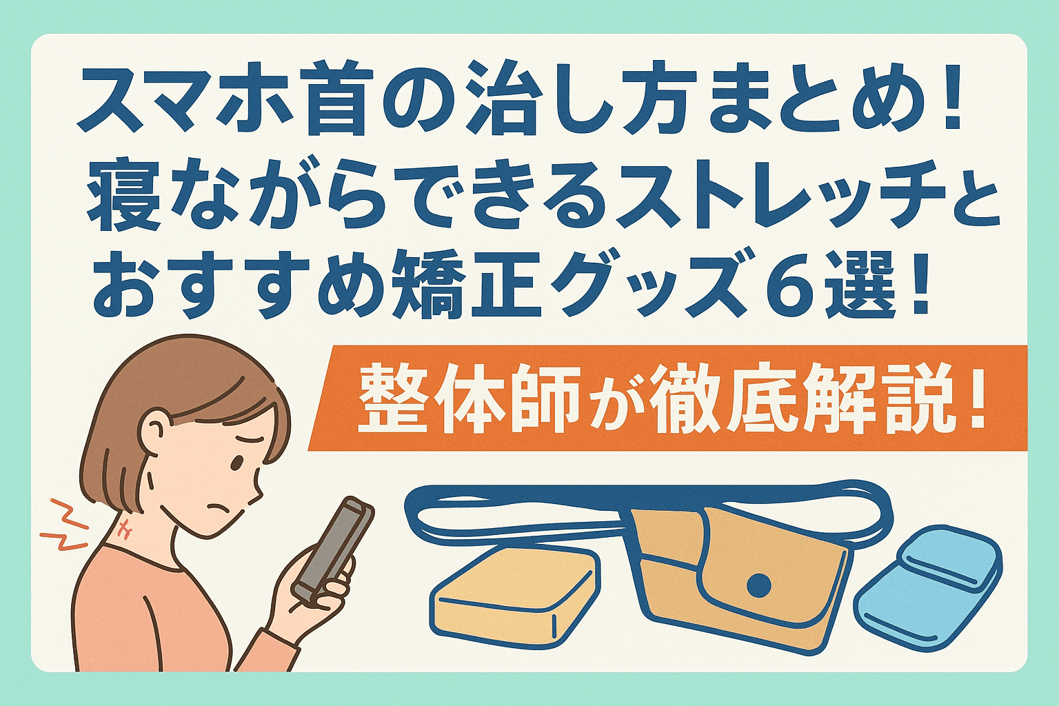 スマホ首の治し方を紹介するアイキャッチ画像。首を押さえる女性とストレッチ・矯正グッズをイメージした構成で、寝ながらケアできるセルフ対策を表現。